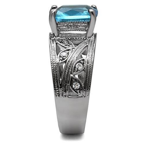 TK081 - High polished (no plating) Stainless Steel Ring with Synthetic Synthetic Glass in Sea Blue-4
