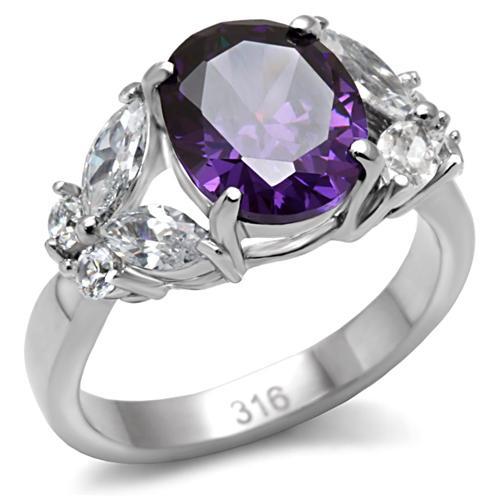 TK086 - High polished (no plating) Stainless Steel Ring with AAA Grade CZ in Amethyst-0