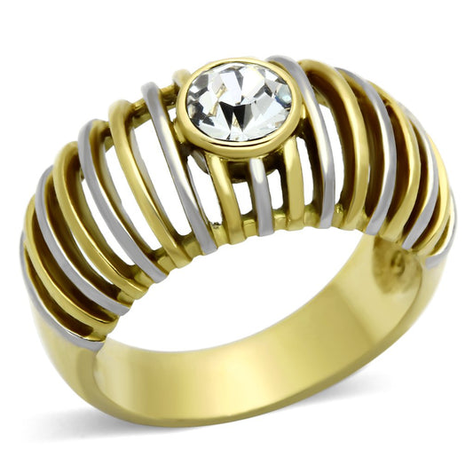 TK1095 - Two-Tone IP Gold (Ion Plating) Stainless Steel Ring with Top Grade Crystal in Clear-0