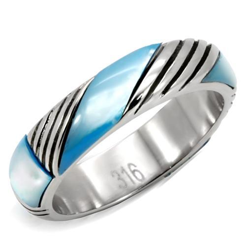 TK110 - High polished (no plating) Stainless Steel Ring with Precious Stone Conch in Sea Blue-0