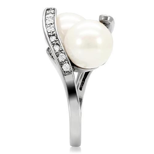 TK113 - High polished (no plating) Stainless Steel Ring with Synthetic Pearl in White-4
