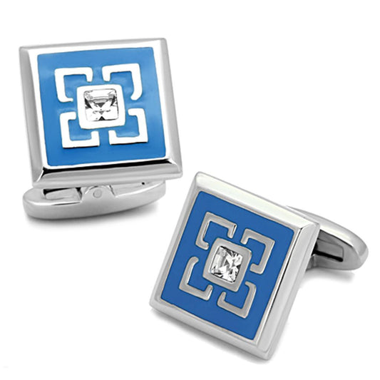 TK1244 - High polished (no plating) Stainless Steel Cufflink with Top Grade Crystal in Clear-0