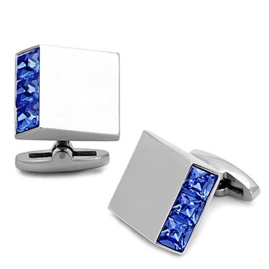 TK1251 - High polished (no plating) Stainless Steel Cufflink with Top Grade Crystal in Sapphire-0