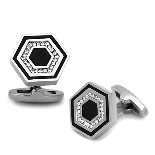 TK1262 - High polished (no plating) Stainless Steel Cufflink with Top Grade Crystal in Clear-0