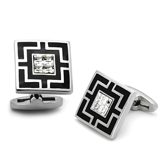 TK1267 - High polished (no plating) Stainless Steel Cufflink with Top Grade Crystal in Clear-0