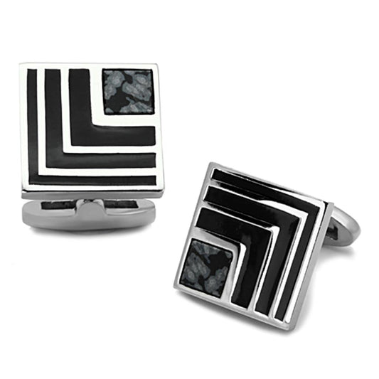 TK1269 - High polished (no plating) Stainless Steel Cufflink with Synthetic Onyx in Jet-0