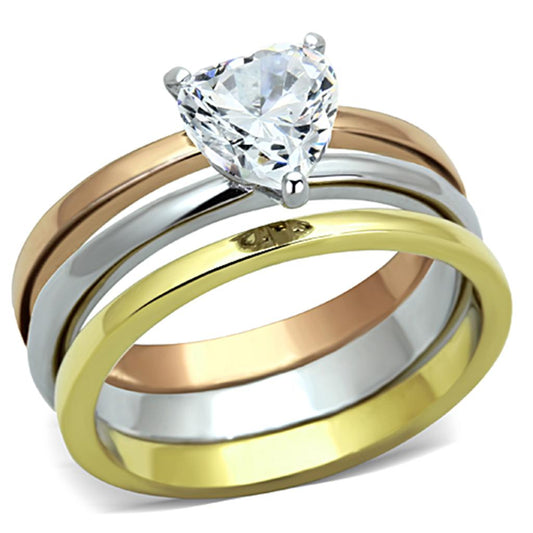 TK1274 - Three Tone (IP Gold & IP Rose Gold & High Polished) Stainless Steel Ring with AAA Grade CZ in Clear-0