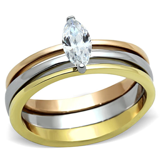TK1276 - Three Tone (IP Gold & IP Rose Gold & High Polished) Stainless Steel Ring with AAA Grade CZ in Clear-0