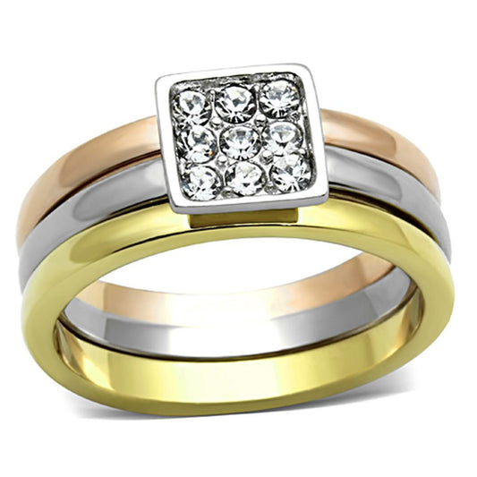 TK1277 - Three Tone (IP Gold & IP Rose Gold & High Polished) Stainless Steel Ring with Top Grade Crystal in Clear-0