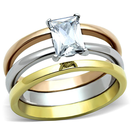 TK1279 - Three Tone (IP Gold & IP Rose Gold & High Polished) Stainless Steel Ring with AAA Grade CZ in Clear-0