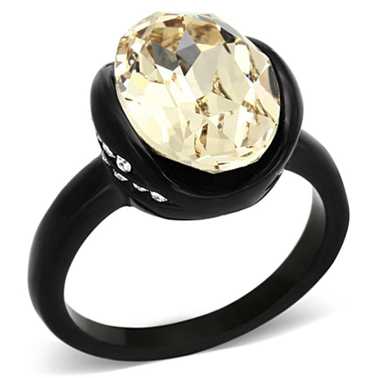 TK1298 - IP Black(Ion Plating) Stainless Steel Ring with Top Grade Crystal in Light Smoked-0