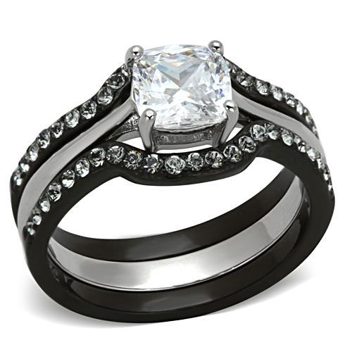 TK1343 - Two-Tone IP Black Stainless Steel Ring with AAA Grade CZ in Clear-0
