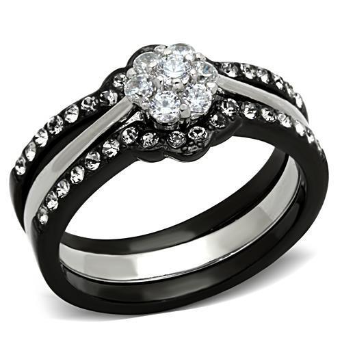 TK1345 - Two-Tone IP Black Stainless Steel Ring with AAA Grade CZ in Clear-0
