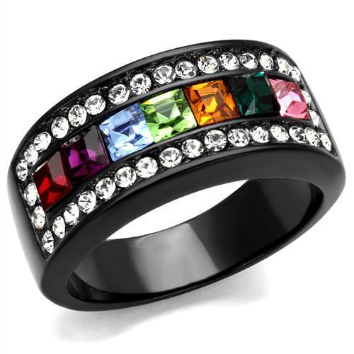 TK1402J - IP Black(Ion Plating) Stainless Steel Ring with Top Grade Crystal in Multi Color-0