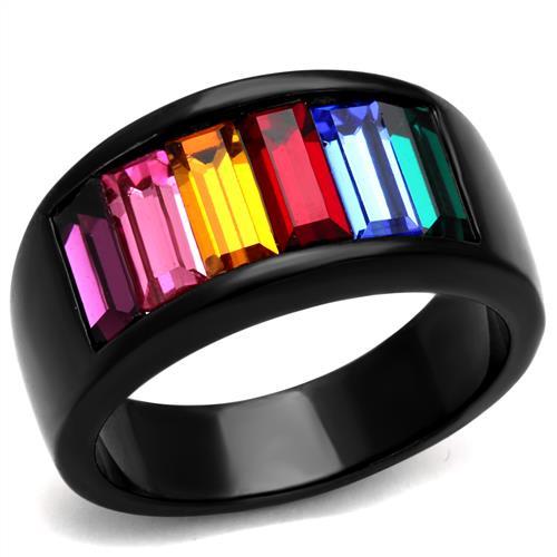 TK1415J - IP Black(Ion Plating) Stainless Steel Ring with Top Grade Crystal in Multi Color-0