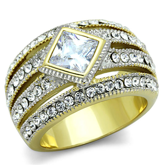 TK1551 - Two-Tone IP Gold (Ion Plating) Stainless Steel Ring with AAA Grade CZ in Clear-0