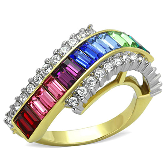 TK1575 - Two-Tone IP Gold (Ion Plating) Stainless Steel Ring with Top Grade Crystal in Multi Color-0
