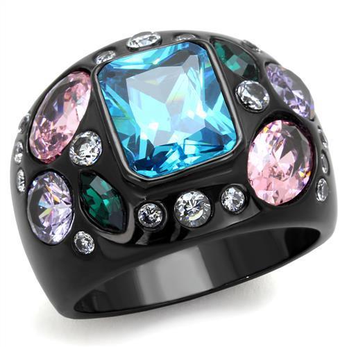 TK1790 - IP Black(Ion Plating) Stainless Steel Ring with AAA Grade CZ in Sea Blue-0