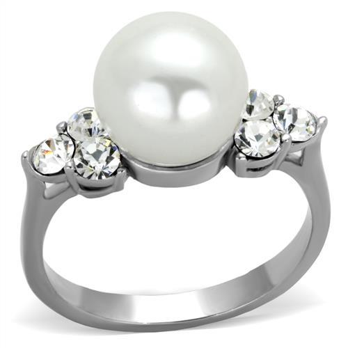 TK1824 - High polished (no plating) Stainless Steel Ring with Synthetic Pearl in White-0