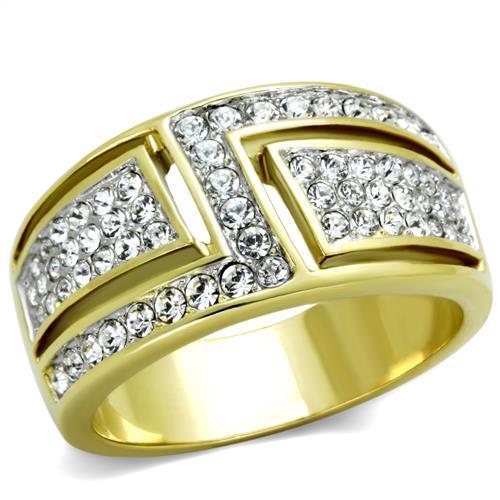 TK1845 - Two-Tone IP Gold (Ion Plating) Stainless Steel Ring with Top Grade Crystal in Clear-0