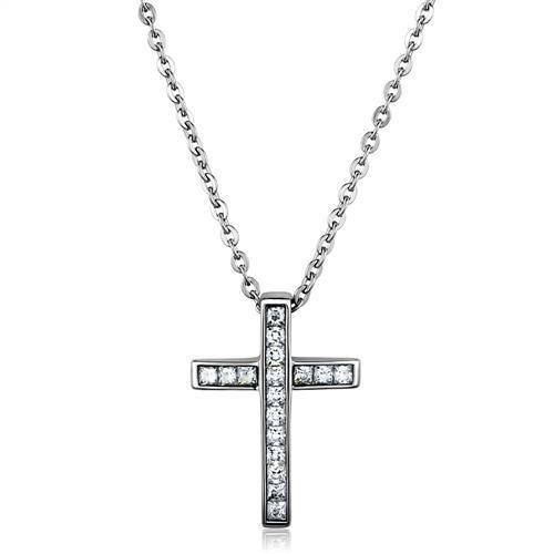 TK1858 - High polished (no plating) Stainless Steel Chain Pendant with AAA Grade CZ in Clear-0