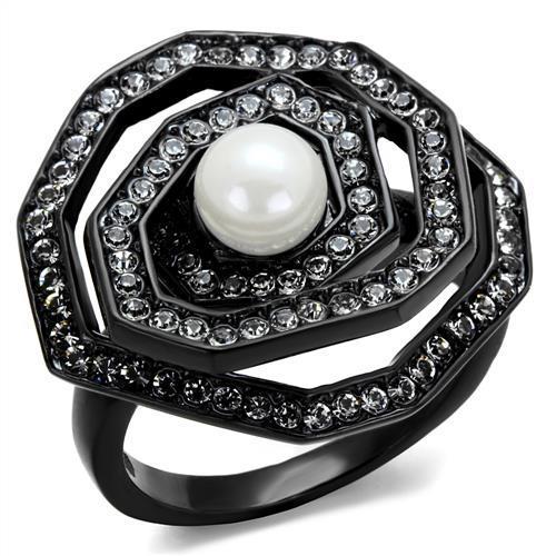 TK1861 - IP Black(Ion Plating) Stainless Steel Ring with Synthetic Pearl in White-0