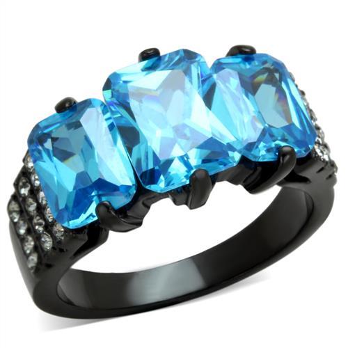 TK1866 - IP Black(Ion Plating) Stainless Steel Ring with AAA Grade CZ in Sea Blue-0