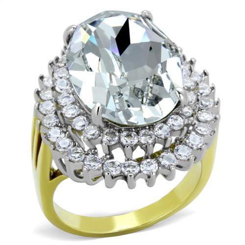 TK1894 - Two-Tone IP Gold (Ion Plating) Stainless Steel Ring with Top Grade Crystal in Clear-0