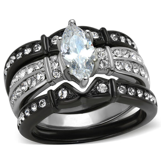 TK1922 - Two-Tone IP Black Stainless Steel Ring with AAA Grade CZ in Clear-0