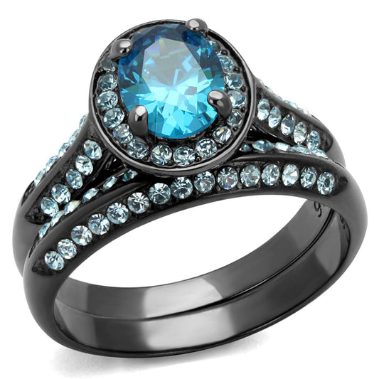 TK1W163LJ - IP Light Black (IP Gun) Stainless Steel Ring with AAA Grade CZ in Sea Blue-0