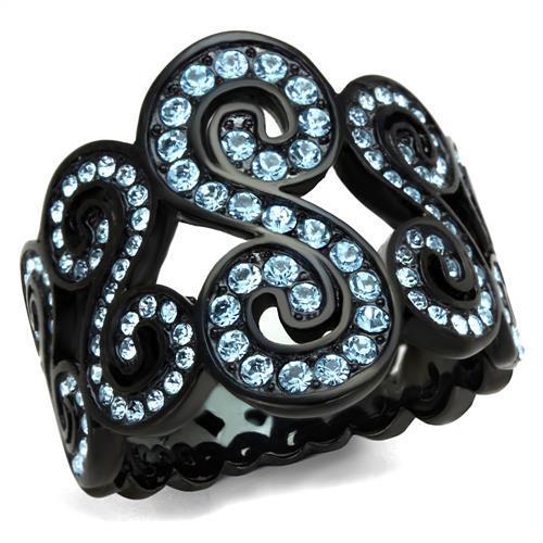 TK2018 - IP Black(Ion Plating) Stainless Steel Ring with Top Grade Crystal in Sea Blue-0