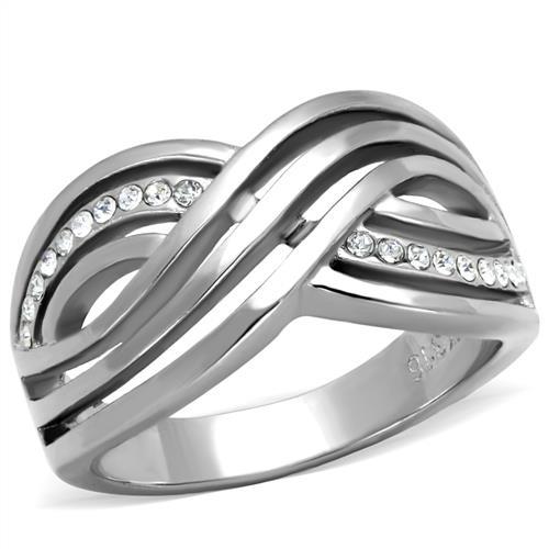 TK2025 - High polished (no plating) Stainless Steel Ring with Top Grade Crystal in Clear-0