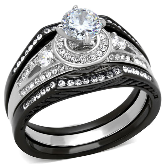 TK2044 - Two-Tone IP Black Stainless Steel Ring with AAA Grade CZ in Clear-0