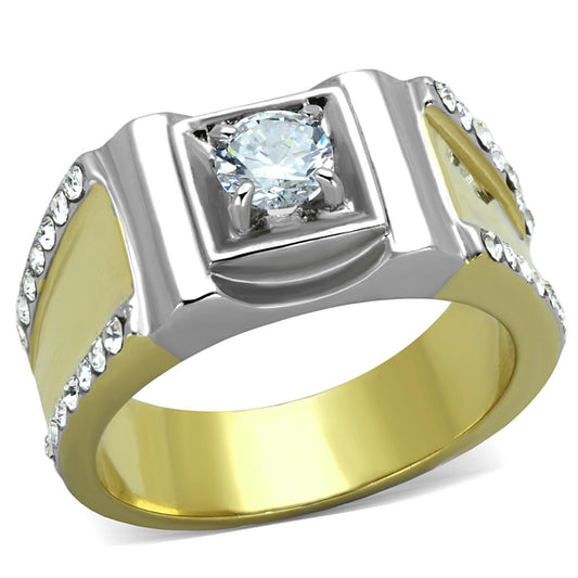TK2049 - Two-Tone IP Gold (Ion Plating) Stainless Steel Ring with AAA Grade CZ in Clear-0