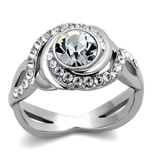 TK2111 - High polished (no plating) Stainless Steel Ring with Top Grade Crystal in Clear-0