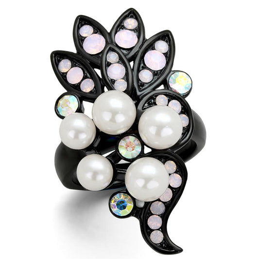 TK2138 - IP Black(Ion Plating) Stainless Steel Ring with Synthetic Pearl in Light Rose-0