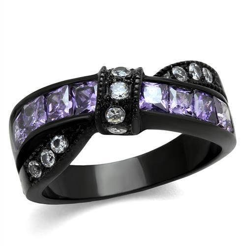 TK2140 - IP Black(Ion Plating) Stainless Steel Ring with AAA Grade CZ in Amethyst-0