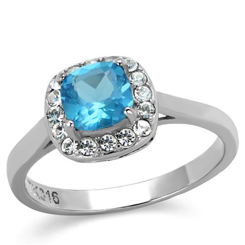 TK2161 - High polished (no plating) Stainless Steel Ring with Synthetic Synthetic Glass in Sea Blue-0