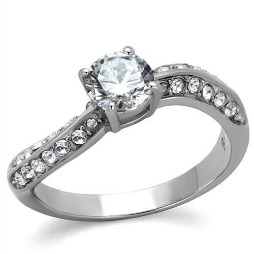 TK2171 - High polished (no plating) Stainless Steel Ring with AAA Grade CZ in Clear-0