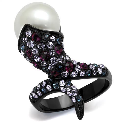 TK2203 - IP Black(Ion Plating) Stainless Steel Ring with Synthetic Pearl in White-0