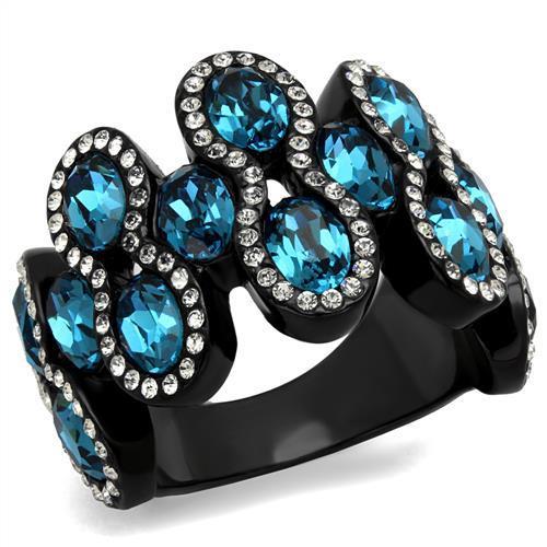 TK2289 - IP Black(Ion Plating) Stainless Steel Ring with Top Grade Crystal in Aquamarine-0