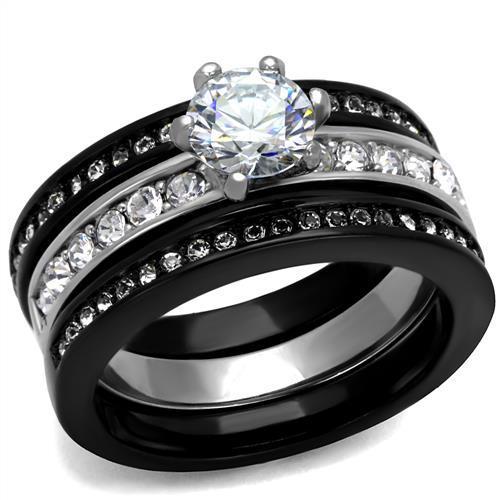TK2304 - Two-Tone IP Black (Ion Plating) Stainless Steel Ring with AAA Grade CZ in Clear-0