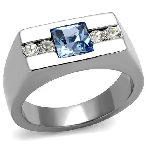 TK2307 - High polished (no plating) Stainless Steel Ring with Top Grade Crystal in Aquamarine-0