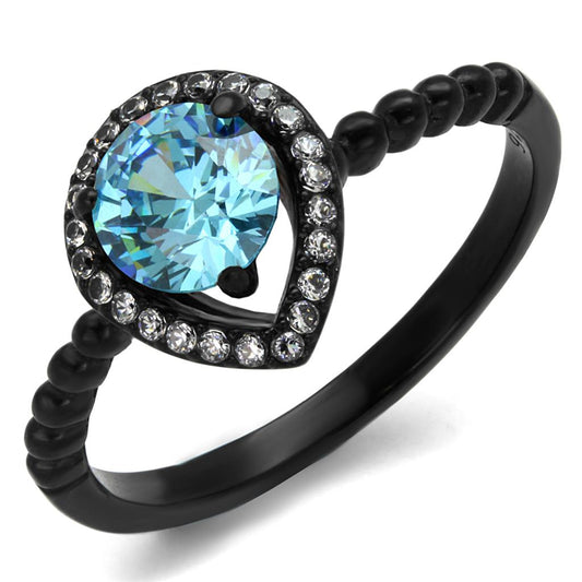 TK2364 - IP Black(Ion Plating) Stainless Steel Ring with AAA Grade CZ in Sea Blue-0