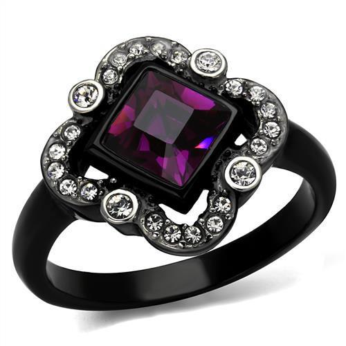 TK2489 - Two-Tone IP Black Stainless Steel Ring with Top Grade Crystal in Fuchsia-0