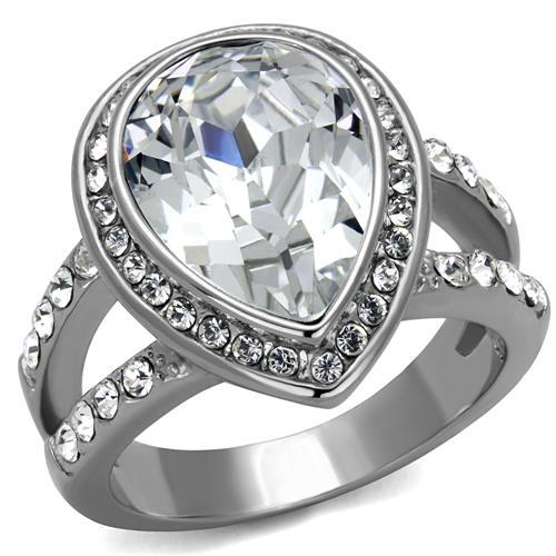 TK2504 - High polished (no plating) Stainless Steel Ring with Top Grade Crystal in Clear-0