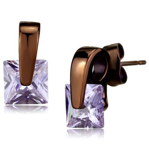 TK2541 - IP Dark Brown (IP coffee) Stainless Steel Earrings with AAA Grade CZ in Light Amethyst-0