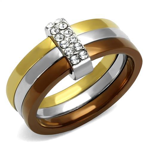 TK2600 - Three Tone (IP Gold & IP Light coffee & High Polished) Stainless Steel Ring with Top Grade Crystal in Clear-0