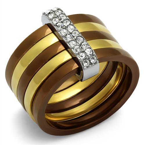 TK2601 - Three Tone (IP Gold & IP Light coffee & High Polished) Stainless Steel Ring with Top Grade Crystal in Clear-0