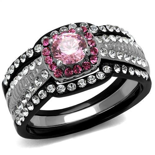 TK2651 - Two-Tone IP Black (Ion Plating) Stainless Steel Ring with AAA Grade CZ in Light Rose-0